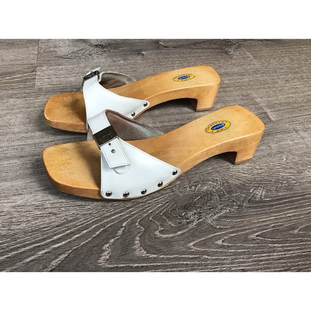 DR SCHOLL'S Original Wooden Sandal Women's Size 10 Slide SPECIAL White Leather